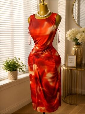 Red Sleeveless Ruched Midi Dress with Side Tie